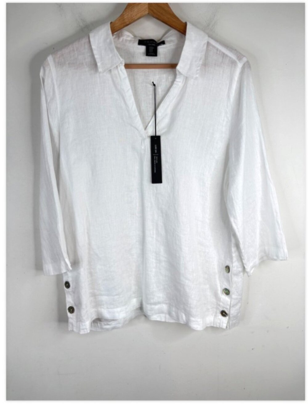NWT Tahari 100% Linen White Linen M 3/4 Sleeve Popover Minimalist Beach Cover - Picture 2 of 7